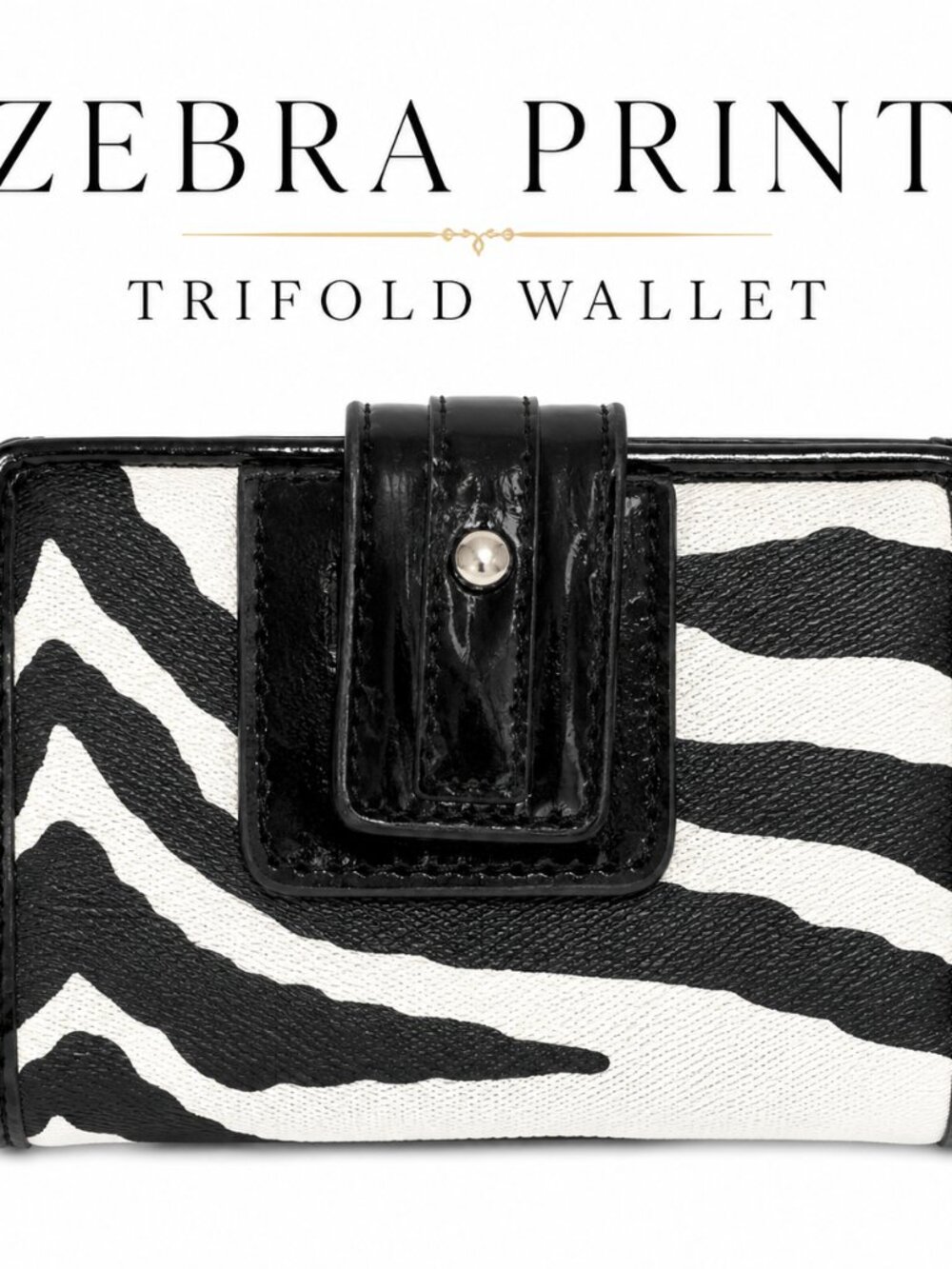 Zebra Print Trifold Wallet Womens Black White Snap Closure Coin Pouch Compact - Picture 1 of 8